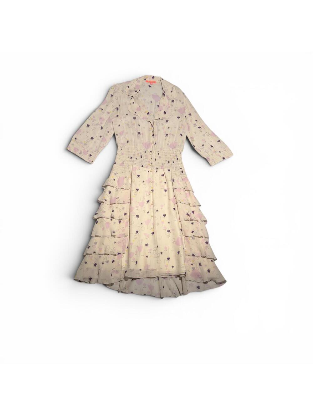 Vintage Manoush Cream Silk Floral Print Ruffle Dress Size 38